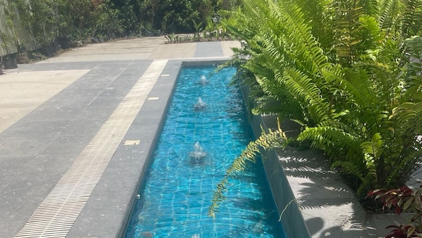 Une piscine rectangulaire à l’eau d’un bleu limpide, entourée d’une allée dallée et d’une végétation luxuriante.