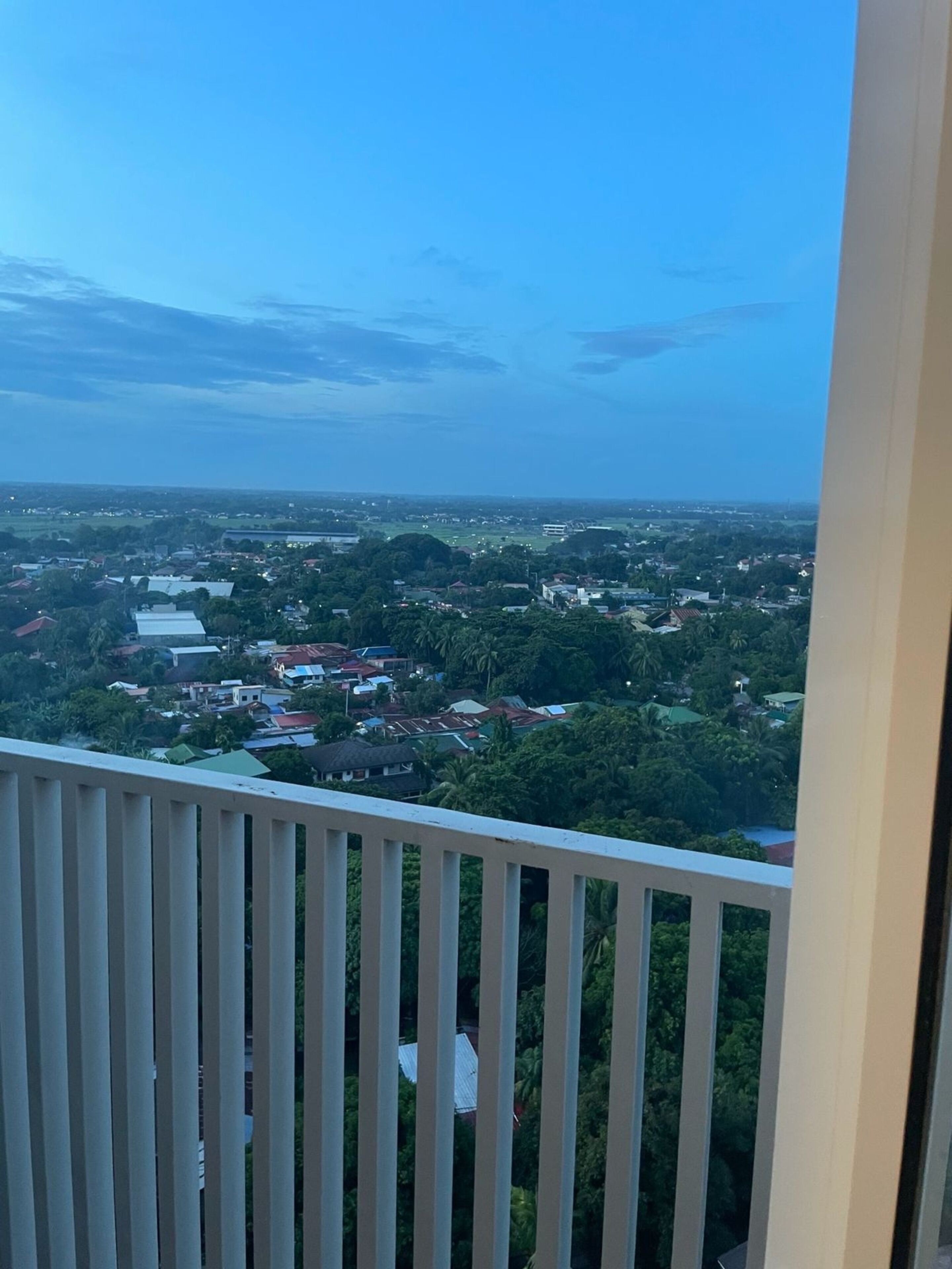 A balcony with a view of a residential area, including houses and greenery.