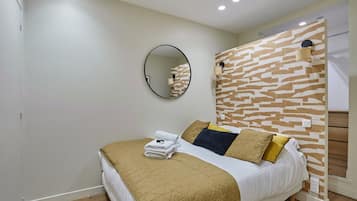 1 bedroom, desk, iron/ironing board, bed sheets