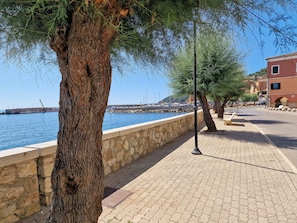 Une promenade en bord de mer, bordée d’un mur de pierres, d’arbres et offrant une vue dégagée sur la mer.
