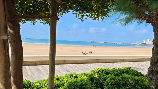 Une vue sur la plage depuis un espace abrité doté d’une structure en bois, d’une allée pavée et d’un feuillage verdoyant et dense.