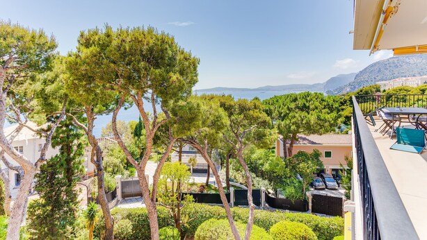 Un balcon offrant une vue sur un paysage côtier, avec des arbres et une chaîne de montagnes lointaine.