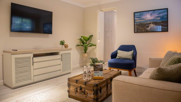 Un salon avec un téléviseur à écran plat, un fauteuil bleu, une table basse en bois sur laquelle sont posées des bouteilles, et un tableau accroché au mur.