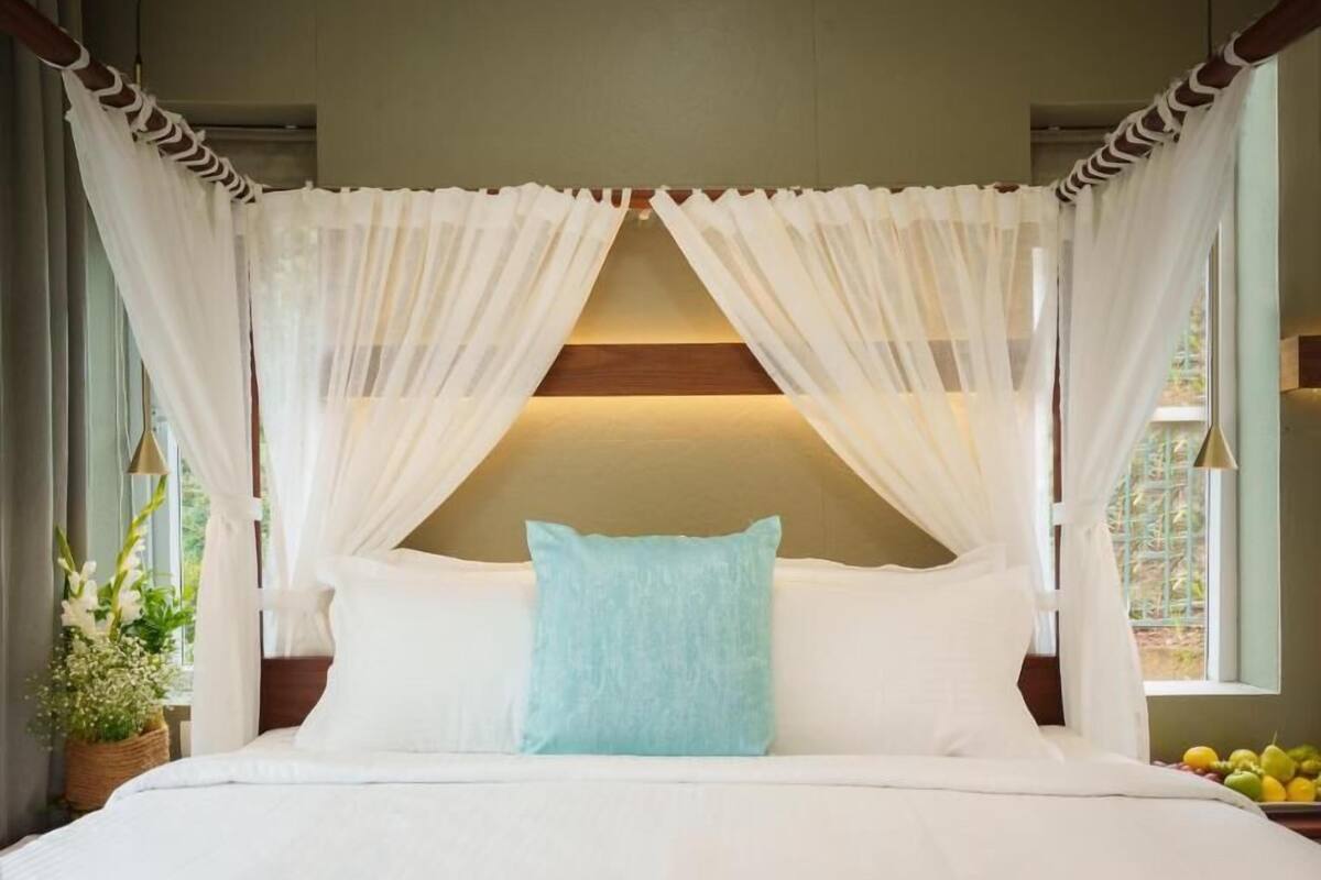 A bed with a canopy, white bedding, and a blue pillow.