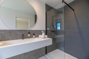 Shower, hair dryer, bidet, towels