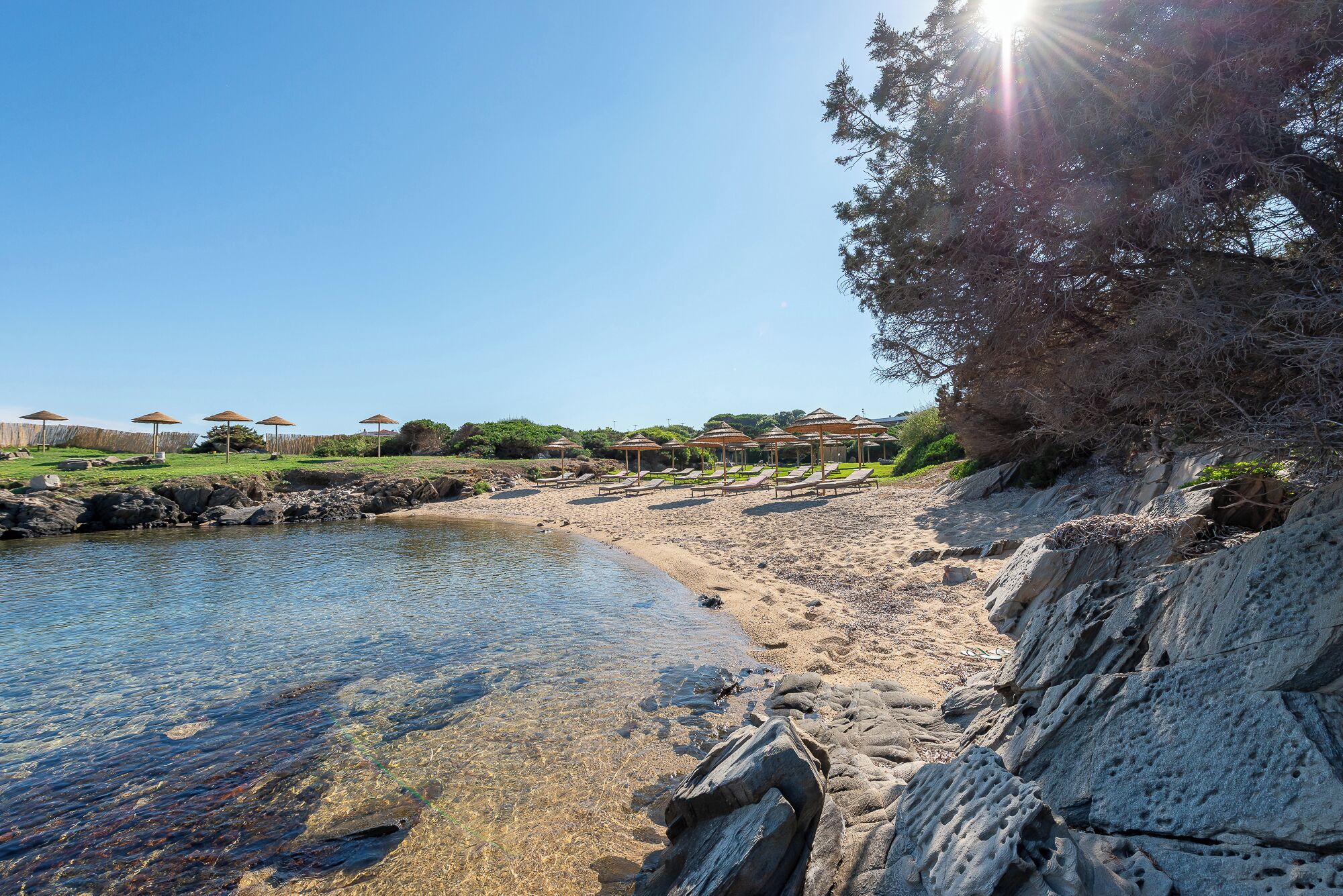 Une plage avec une eau cristalline, des parasols et des chaises longues.