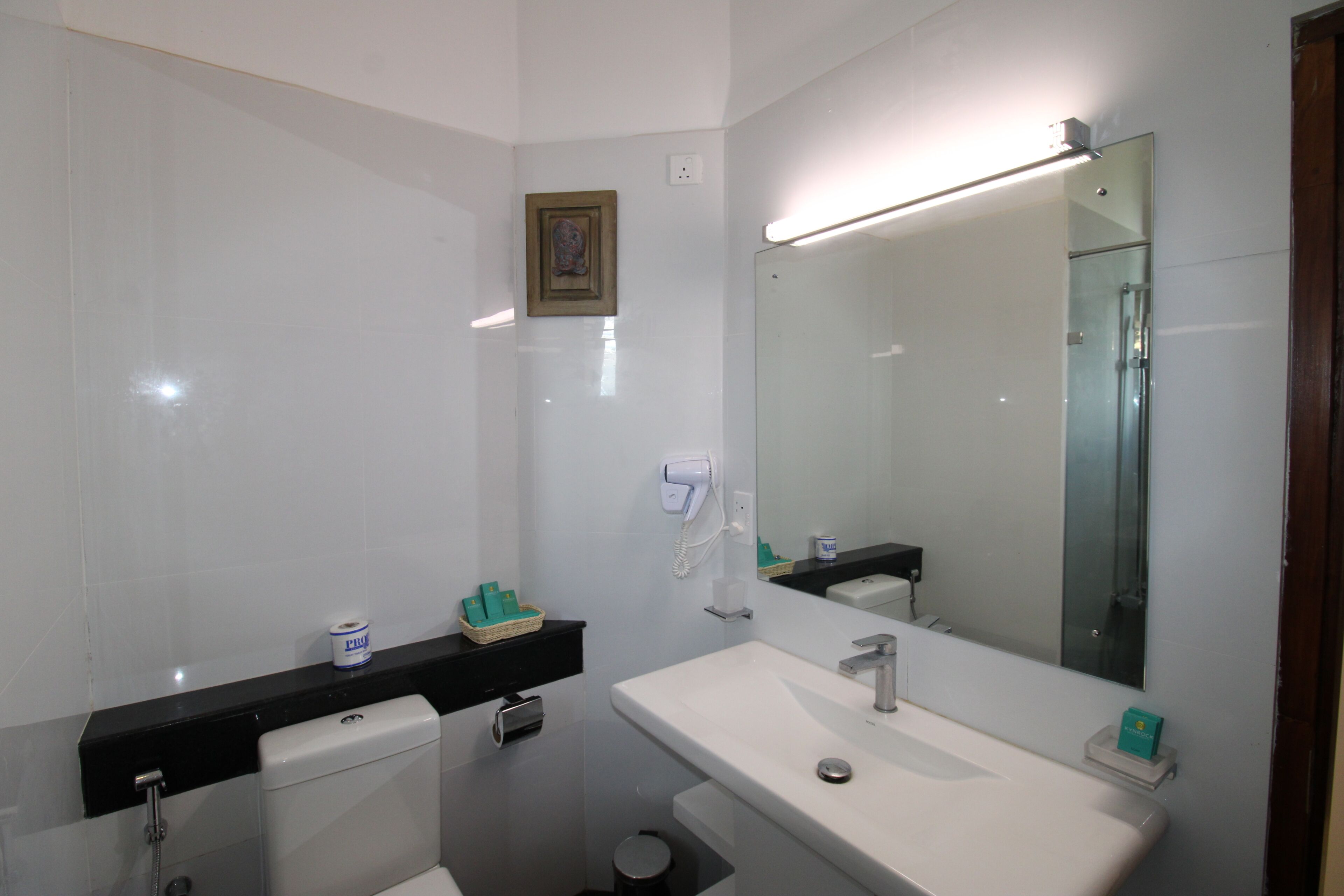 Un baño con inodoro, lavamanos y espejo.