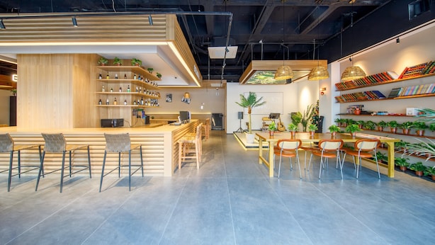 Un espace bar moderne avec des meubles en bois, un comptoir et des étagères où sont disposées des bouteilles et des plantes.