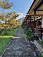 Un sendero bordeado por bancos de madera y plantas en macetas, que conduce a un edificio de estilo arquitectónico tradicional.