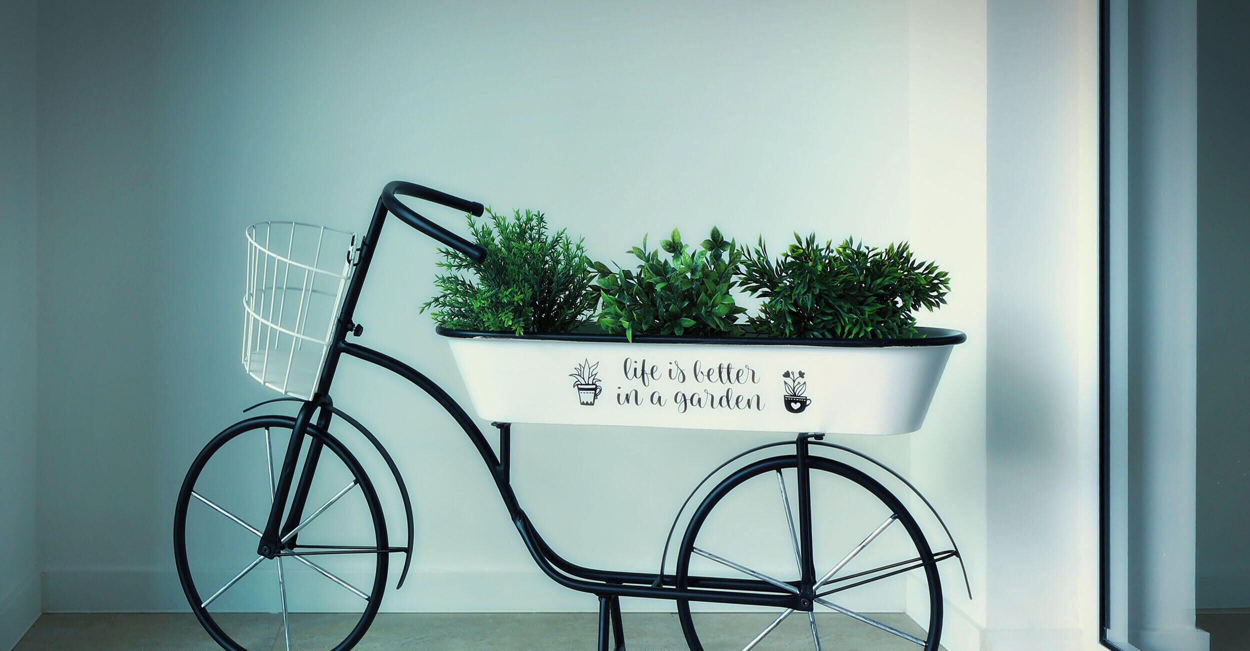 A stationary bicycle with a basket containing plants and a sign that reads "life is better in a garden."