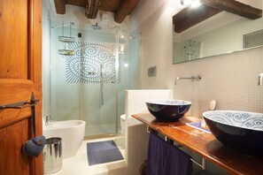 Shower, hair dryer, bidet, towels
