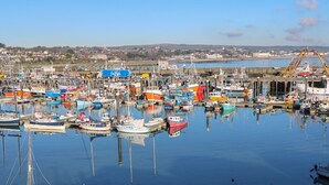 A marina with various boats docked, a crane, and a distant view of a town. - Mill House Barn (Penzance)