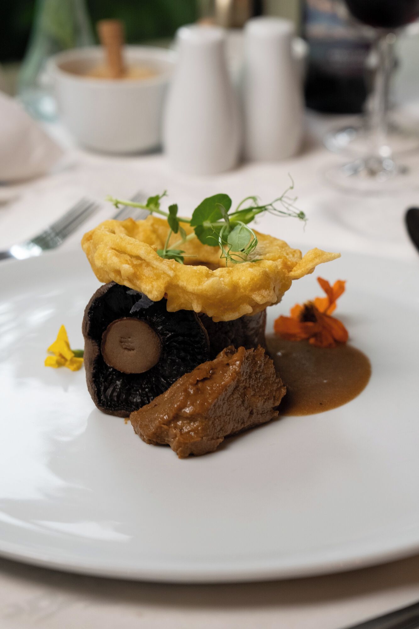 A plated dish with a slice of meat, a mushroom, and a sauce.