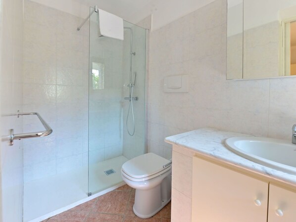 A modern bathroom with a glass shower enclosure, a toilet, and a vanity with a sink.