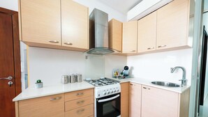 Une cuisine compacte dotée de meubles en bois, d’une cuisinière à gaz, d’un four, d’un évier en acier inoxydable et d’un pare-feu en verre.