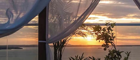 A room with a view of the sunset over the water, a balcony with potted plants, and a sheer curtain.