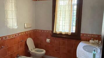 A bathroom with two toilets, a bidet, a sink, and a window with curtains.