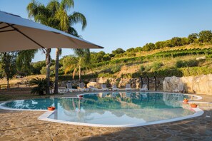 Una piscina con sillones de descanso y una pérgola, rodeada de palmeras y un viñedo al fondo.