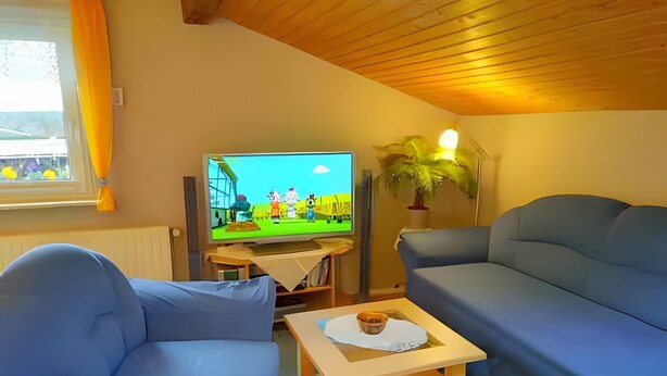 Een woonkamer met een televisie, twee banken, een bijzettafeltje met een plant en een raam met gordijnen.