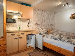 A compact room with a kitchenette, a bed with patterned bedding, and a patterned wall.