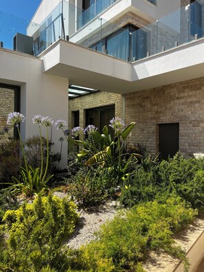 A modern building with a glass balcony, a garden with various plants, and a stone wall.