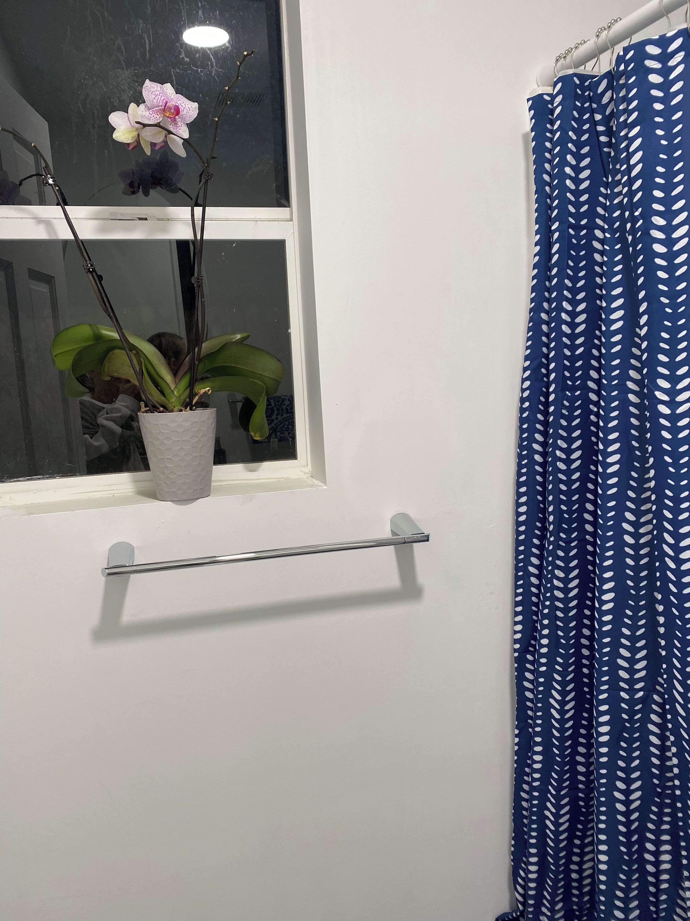 Une salle de bain avec une fenêtre, un porte-serviettes, une plante en pot et un rideau de douche bleu à motifs.
