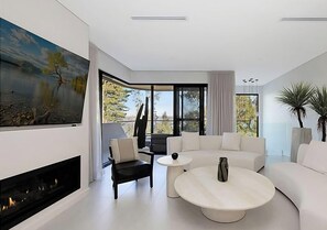 Smart TV, fireplace, ping pong