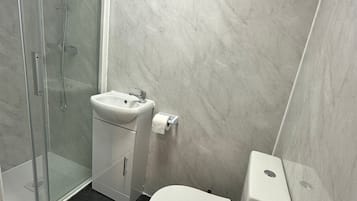 Shower, towels, toilet paper