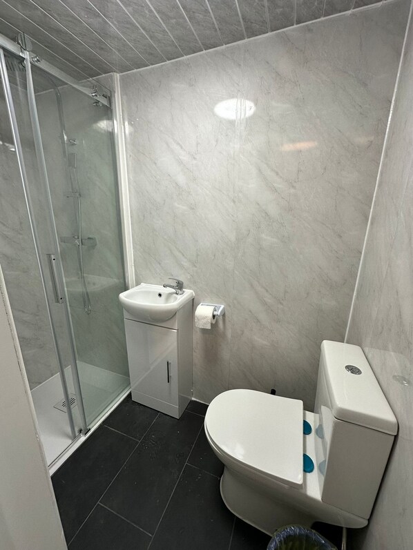Un baño moderno con cabina de ducha de vidrio, un lavabo blanco y un inodoro.