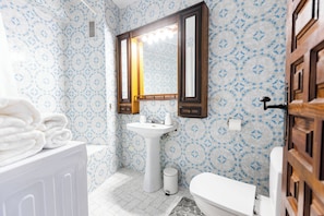 Hair dryer, towels, soap, toilet paper