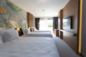 Family Room, Multiple Beds, Pool View | Premium bedding, Select Comfort beds, free minibar items, in-room safe