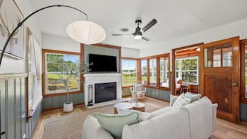 Smart TV, fireplace, foosball, books