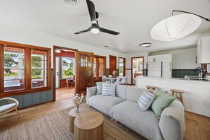 Smart TV, fireplace, table football, books