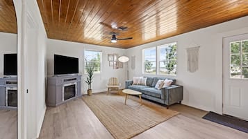 Smart TV, fireplace, table football, books