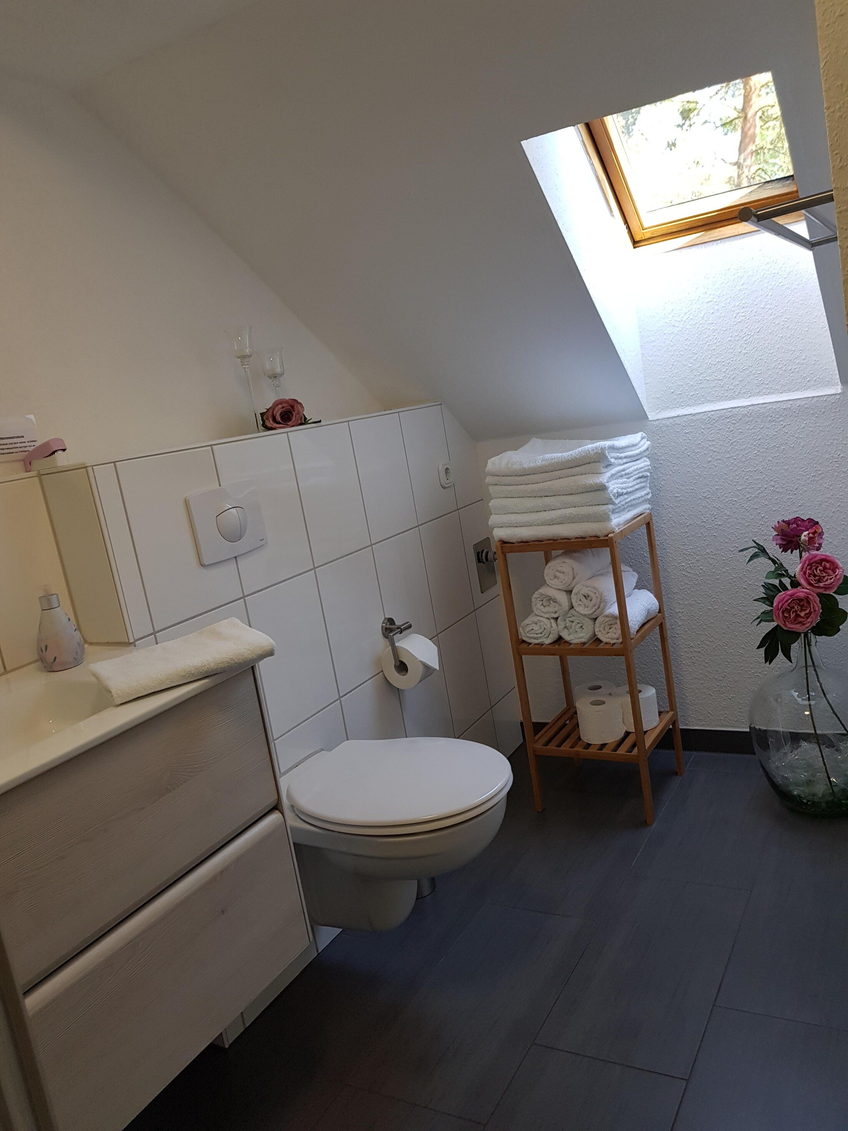 Une salle de bain comprenant des toilettes, un porte-serviettes, une étagère avec des serviettes, un support à papier toilette et un puits de lumière.