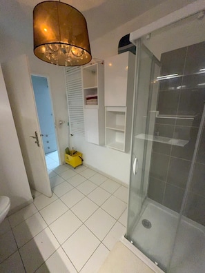 Hair dryer, towels, soap, shampoo