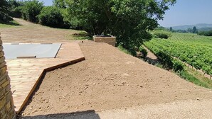 Ein Weinberg mit einer Holzdiele und einer Steinmauer.