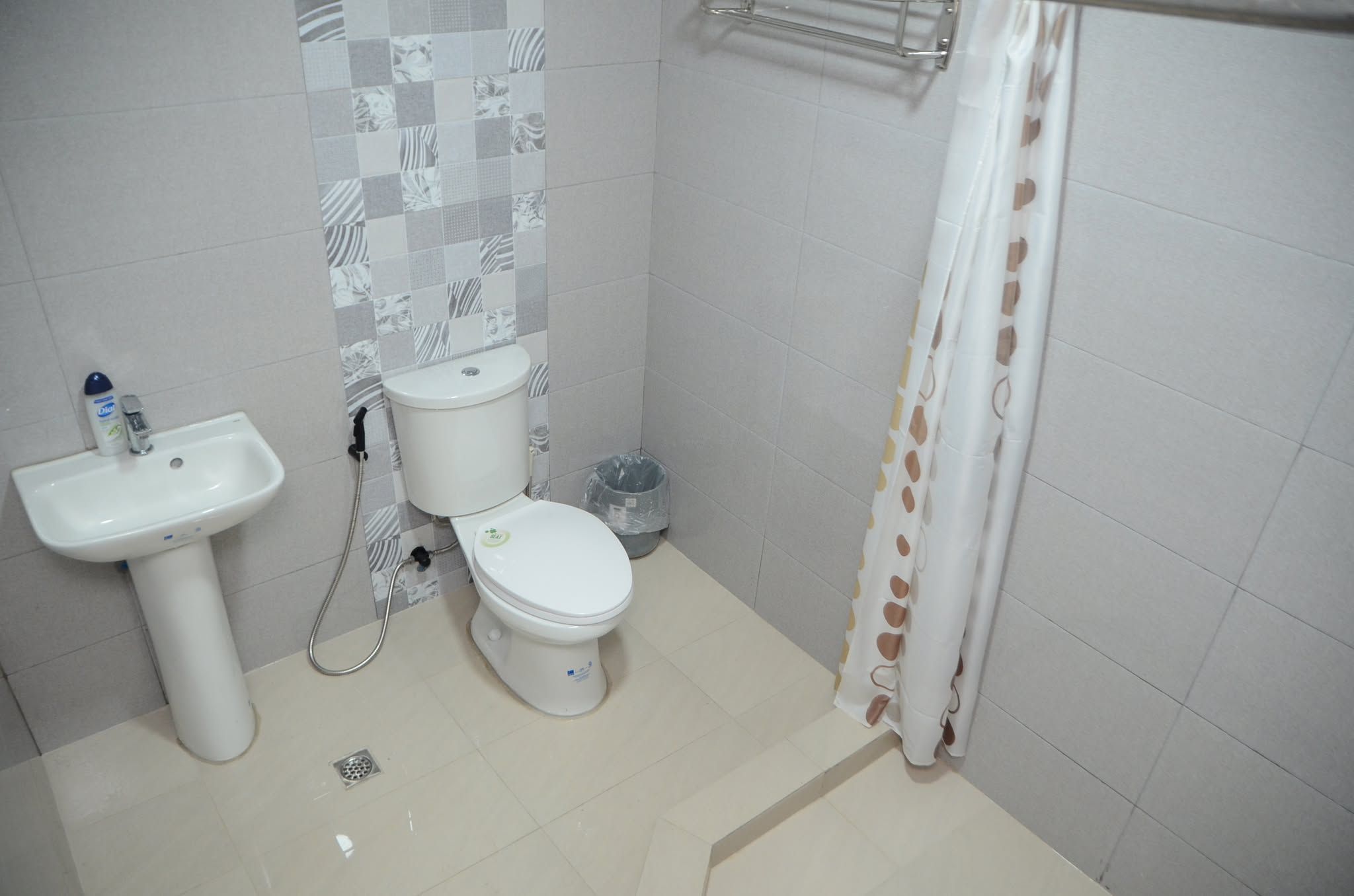 Une salle de bain équipée d’un lavabo, de toilettes et d’un rideau de douche.
