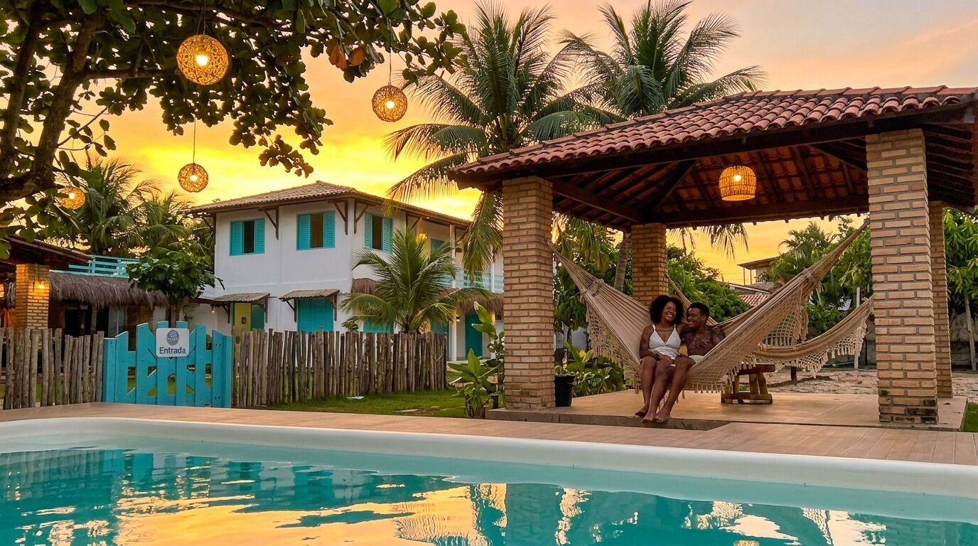 Un’area piscina con un’amaca, un recinto in legno e un edificio con tetto in tegole.