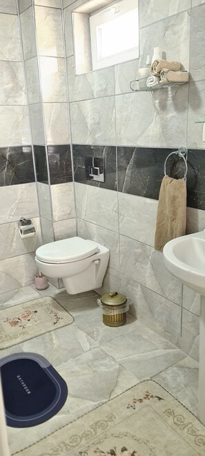 Hair dryer, towels, soap, toilet paper