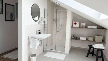 Shower, hair dryer, towels, soap