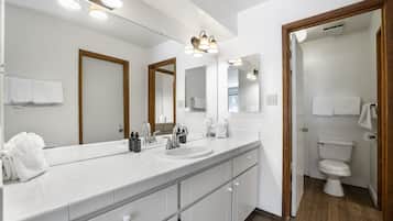 A modern bathroom with a large vanity, a sink, a mirror, and a toilet.