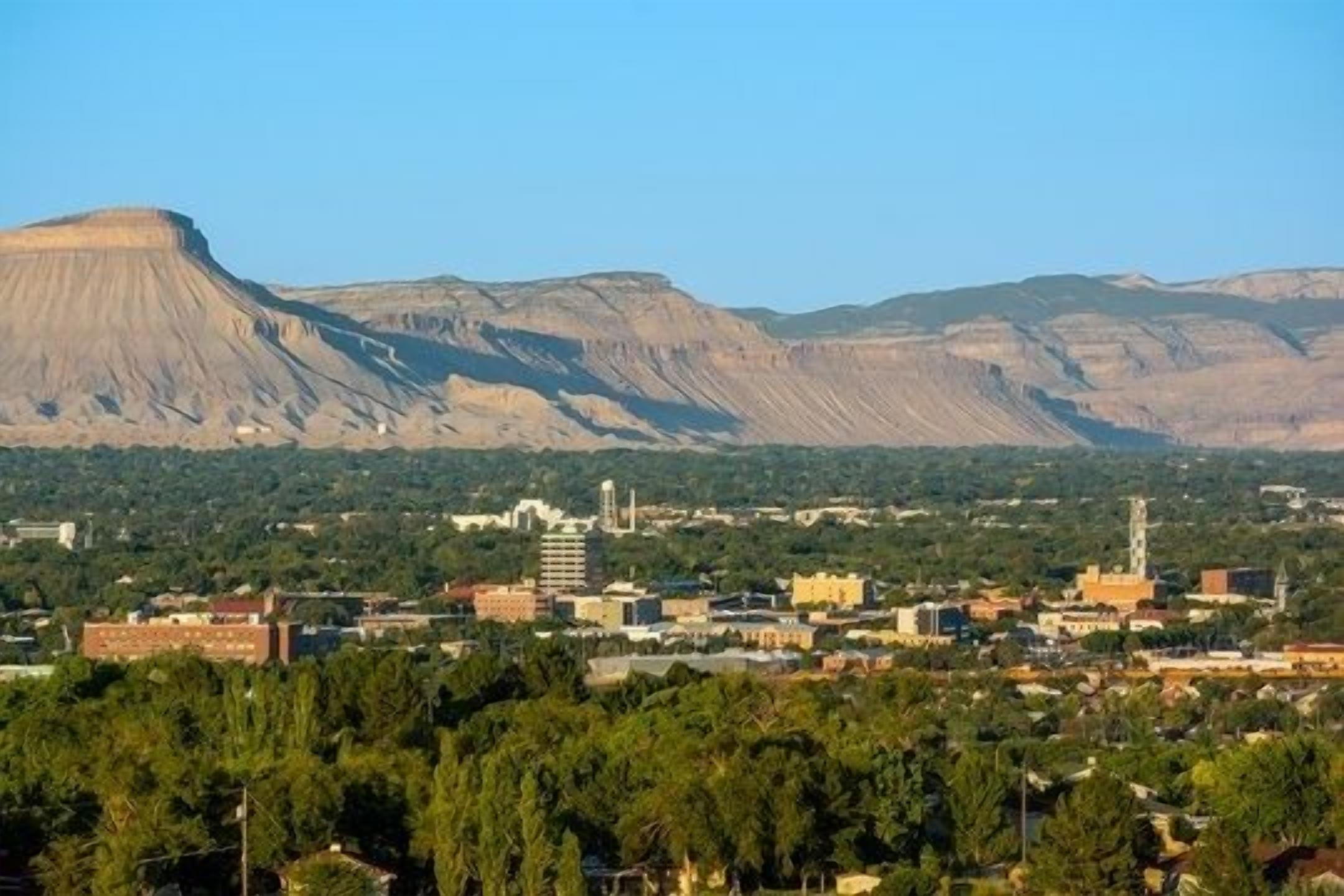 A cityscape with a prominent mountain in the background and a dense urban area in the foreground.