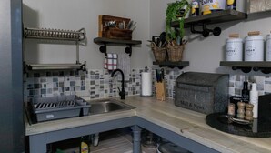 Keittiössä on pesuallas, astiateline, puinen leikkuulauta, amppelissa roikkuva kasvi sekä hyllyjä, joilla on erilaisia esineitä, mukaan lukien Corona Extra -oluttölkki.