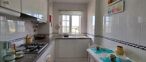 Frigorífico, microondas, horno y placa de cocina