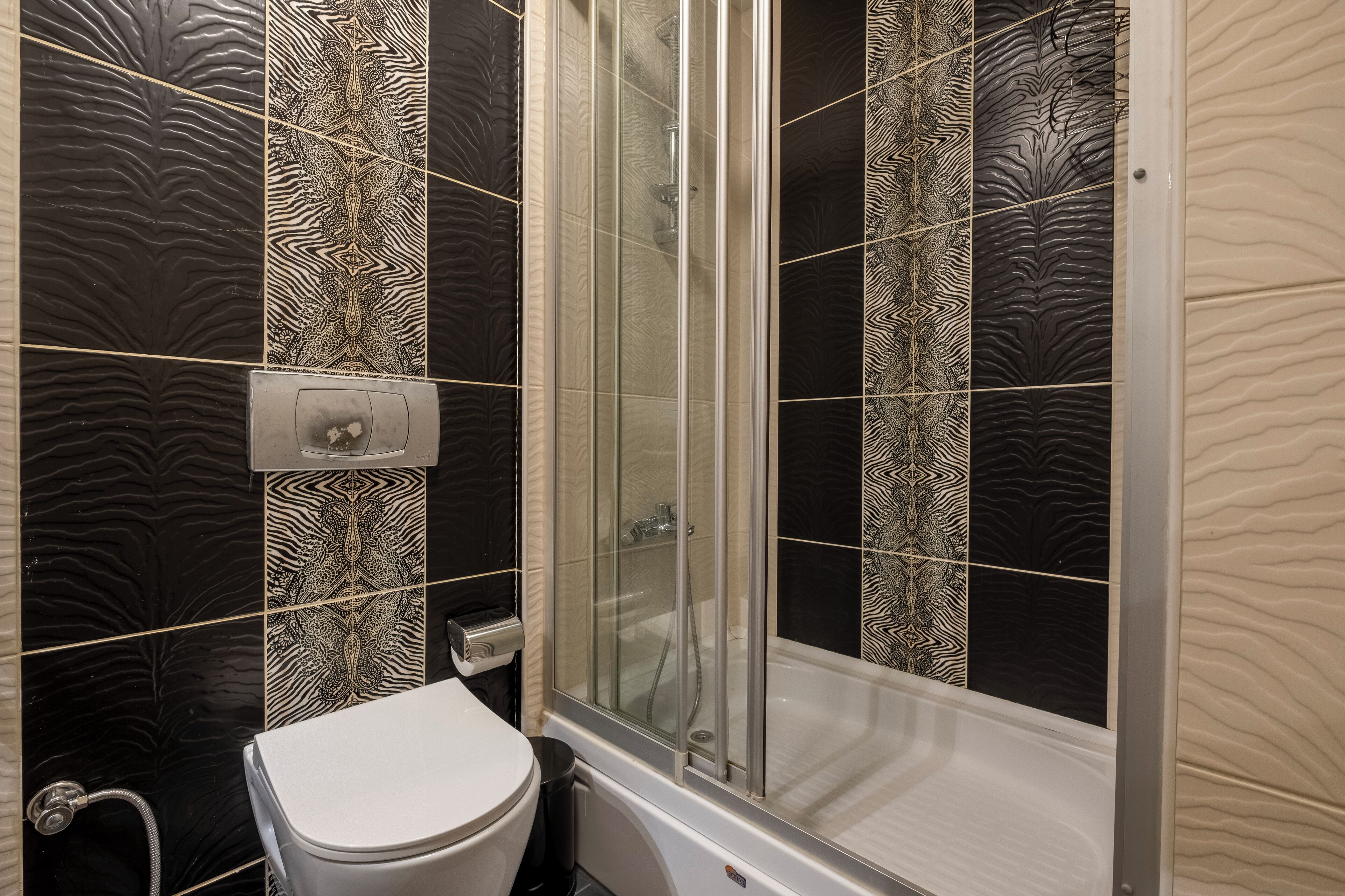 Shower, jetted tub, hair dryer, bidet