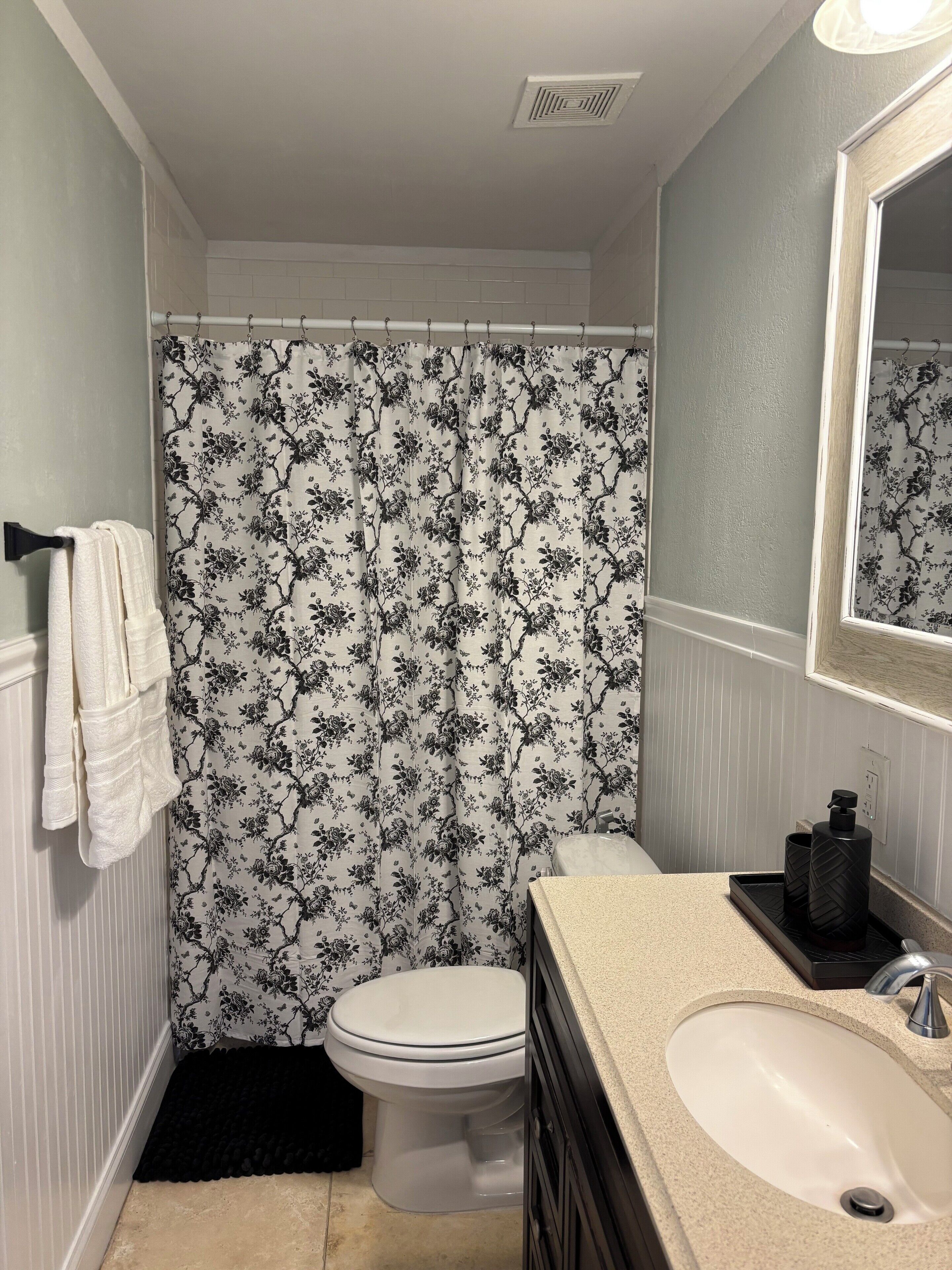 Shower, hair dryer, bidet, towels