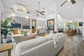 TV, fireplace, books, offices