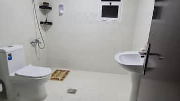 Secadora de cabello, toallas, jabón, papel de baño