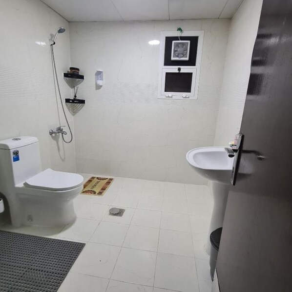 Een haardroger, handdoeken, zeep, toiletpapier